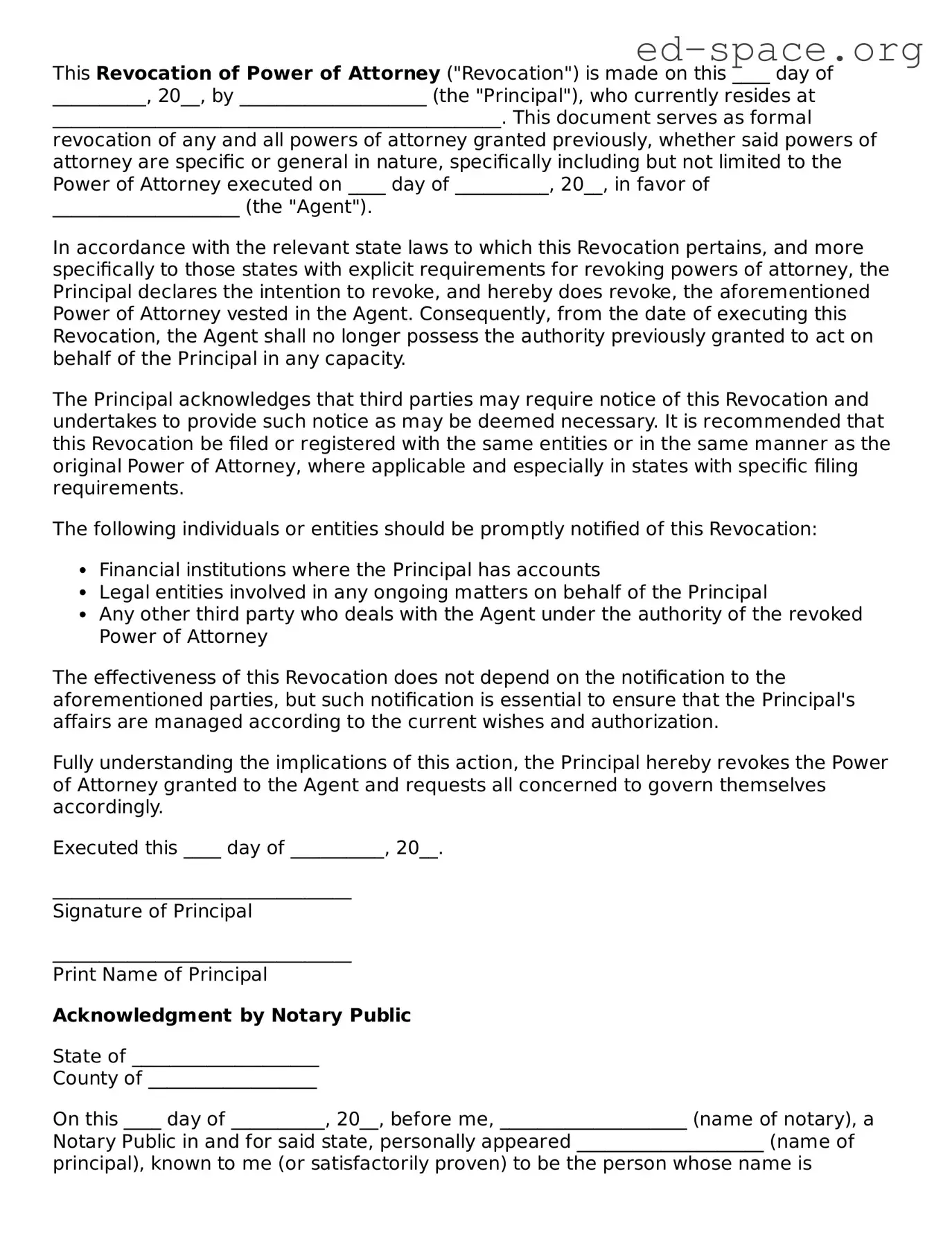 Fillable Revocation of Power of Attorney Template