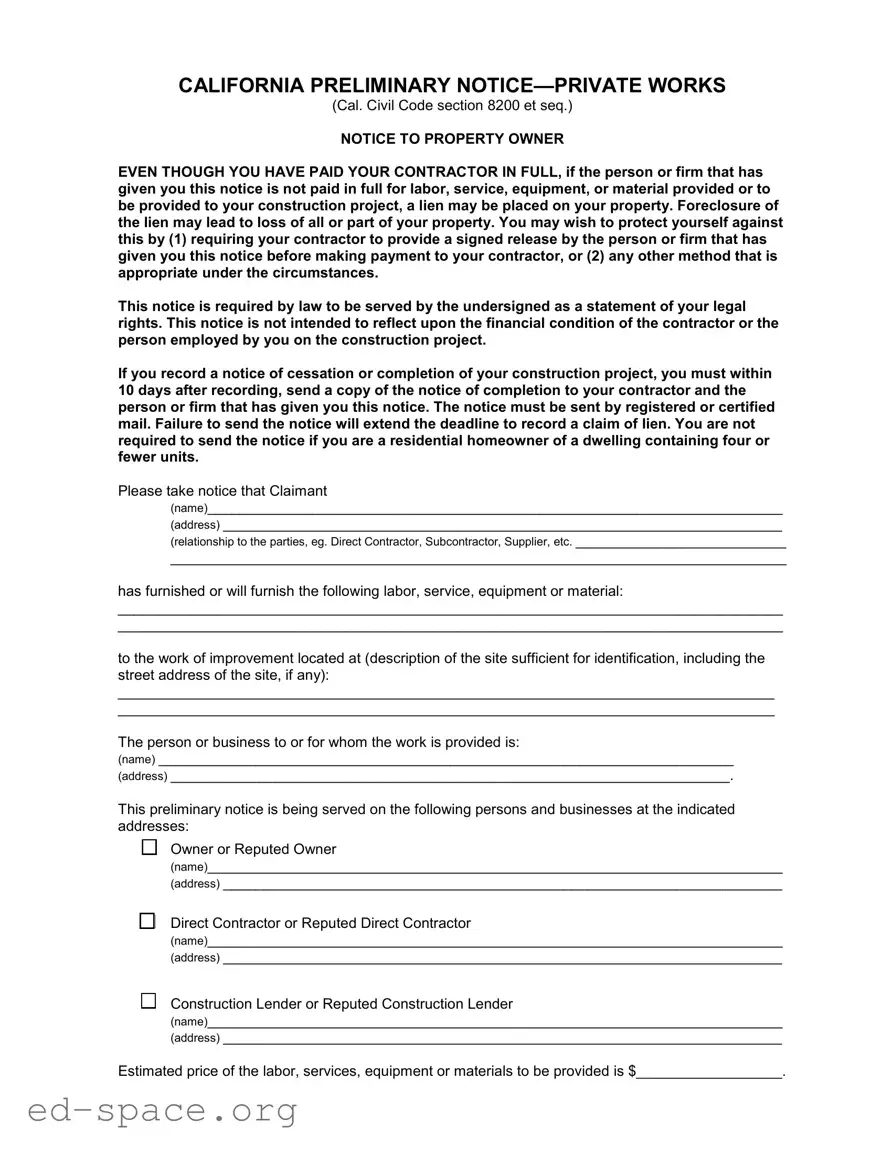 Blank California Preliminary Notice Private Works PDF Form