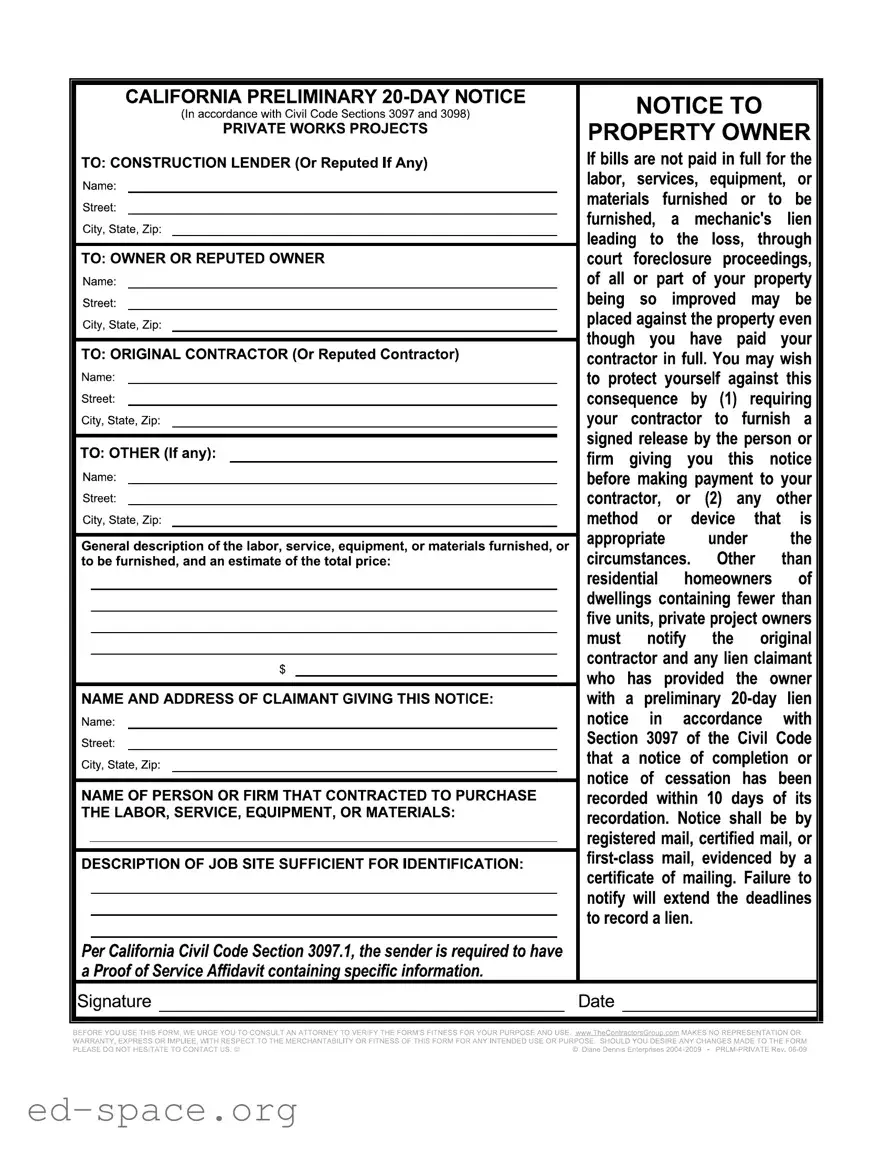 Blank 20 Day Notice California PDF Form