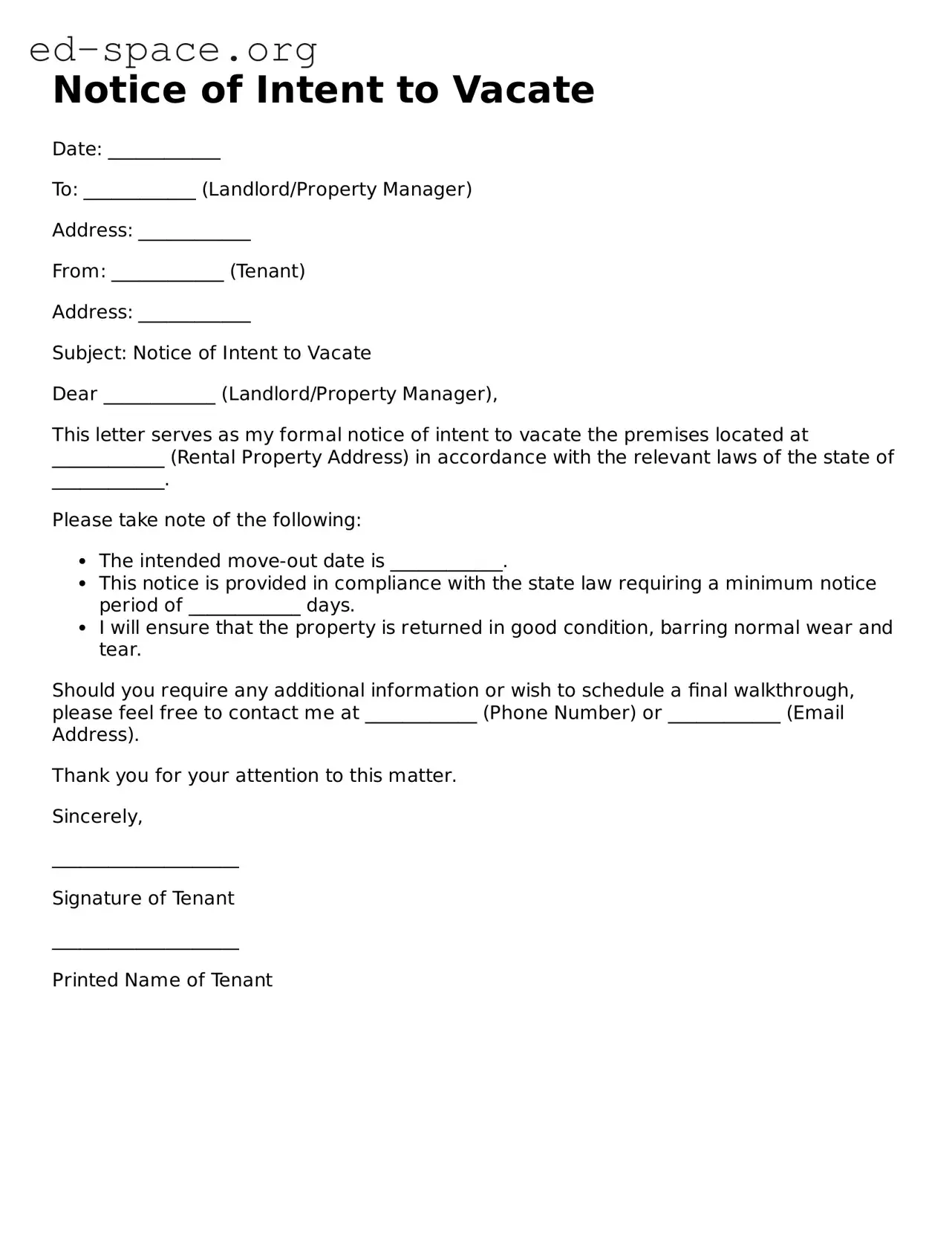 Fillable Notice of Intent to Vacate Template