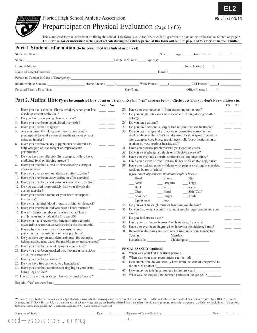 Blank Fhsaa El 2 PDF Form
