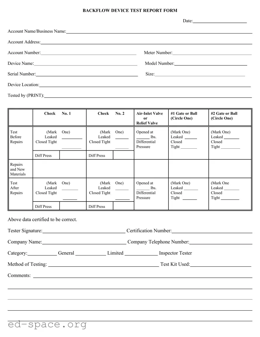 Blank Backflow Test Report PDF Form