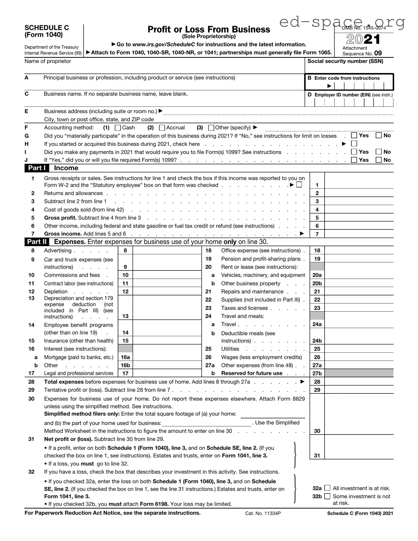 Blank IRS Schedule C 1040 PDF Form