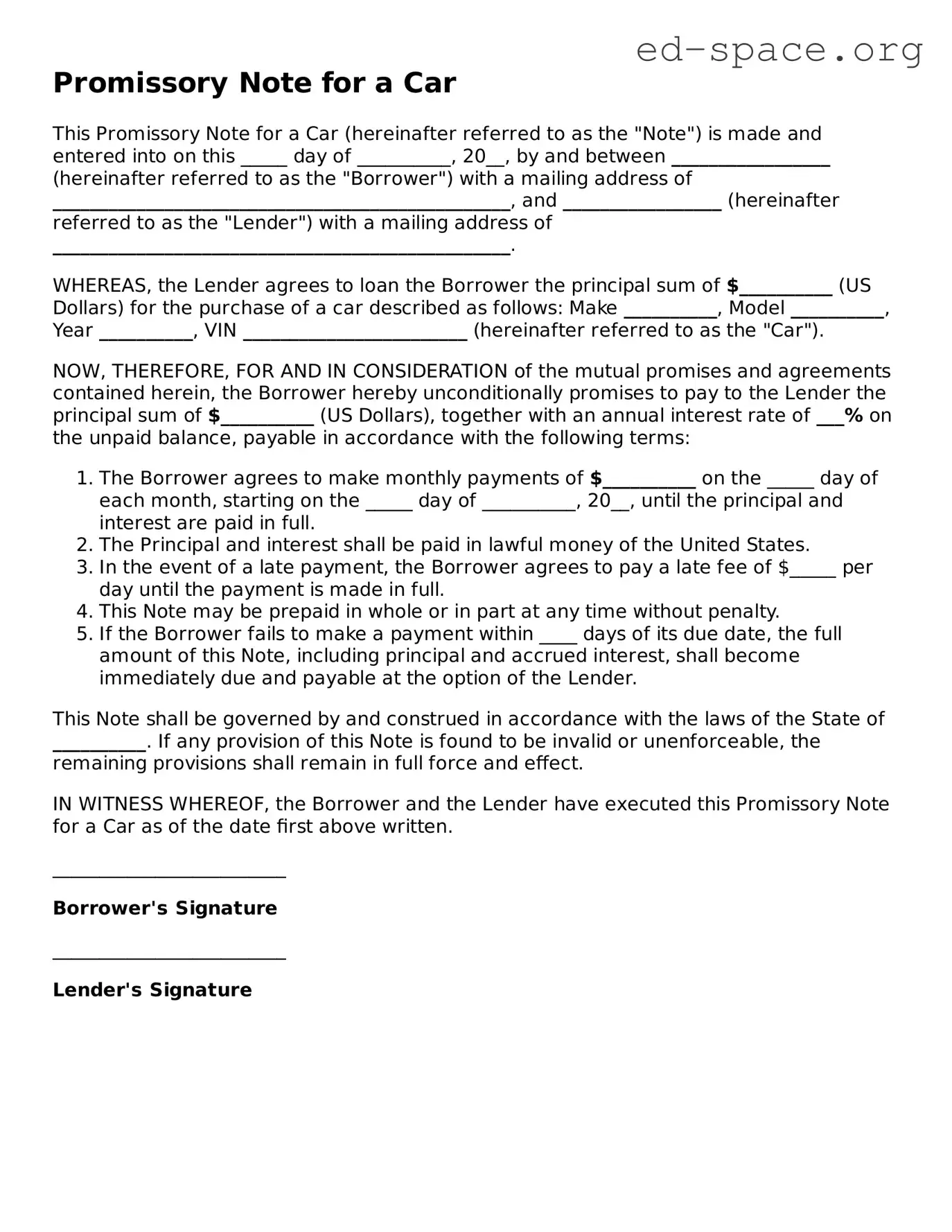Fillable Promissory Note for a Car Template