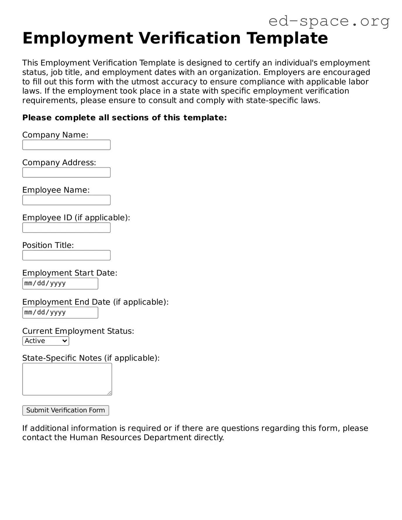 Fillable Employment Verification Template