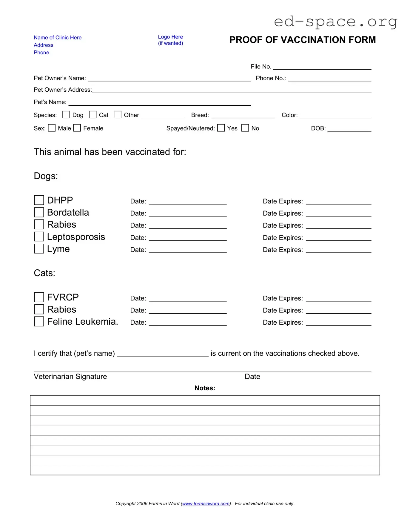 Blank Proof Of Vaccination Dog PDF Form