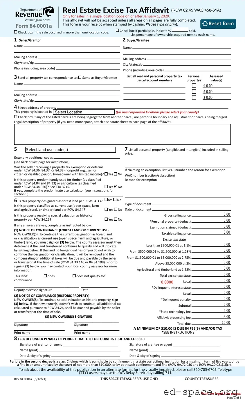 Blank Washington Real Estate Excise Tax Affidavit PDF Form