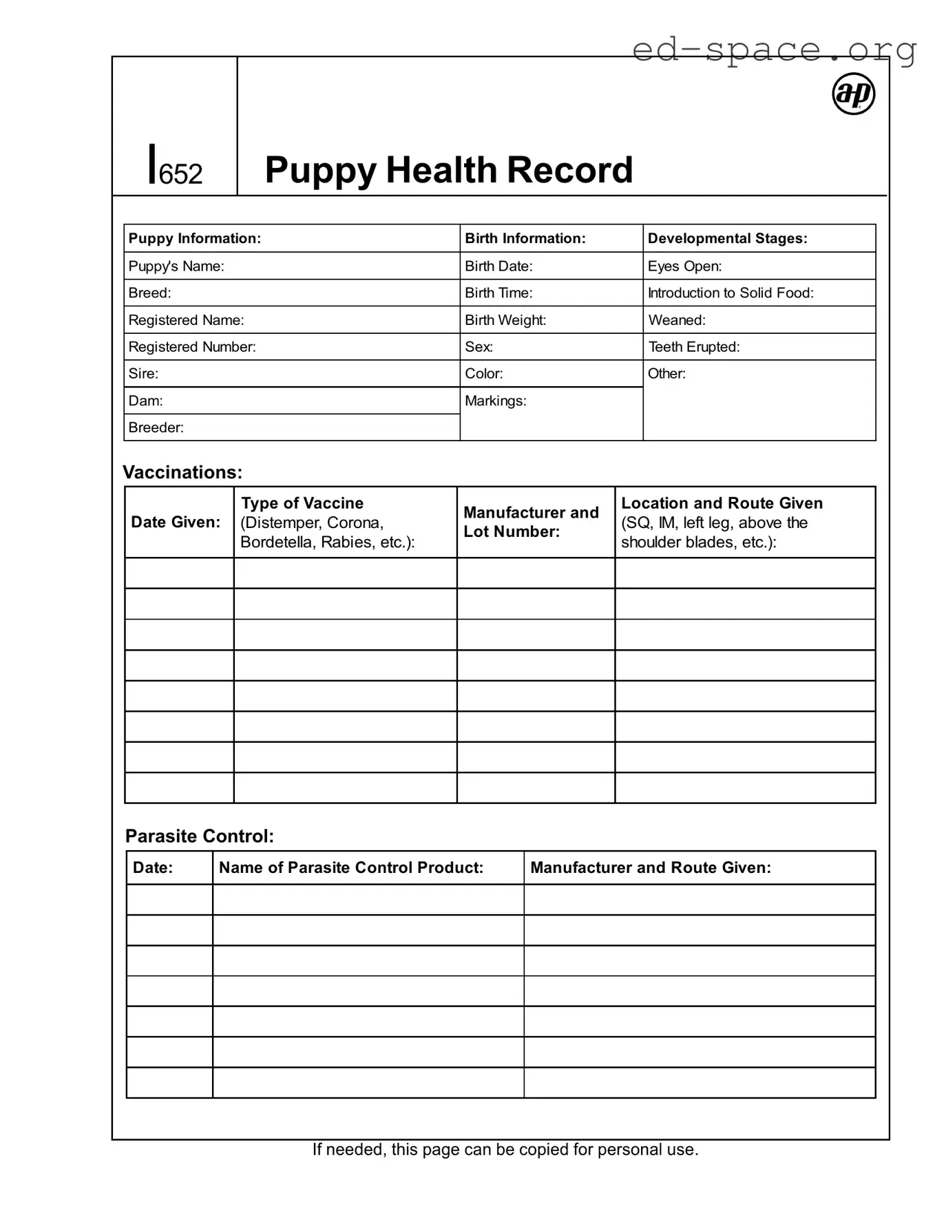 Blank Puppy Health Record PDF Form