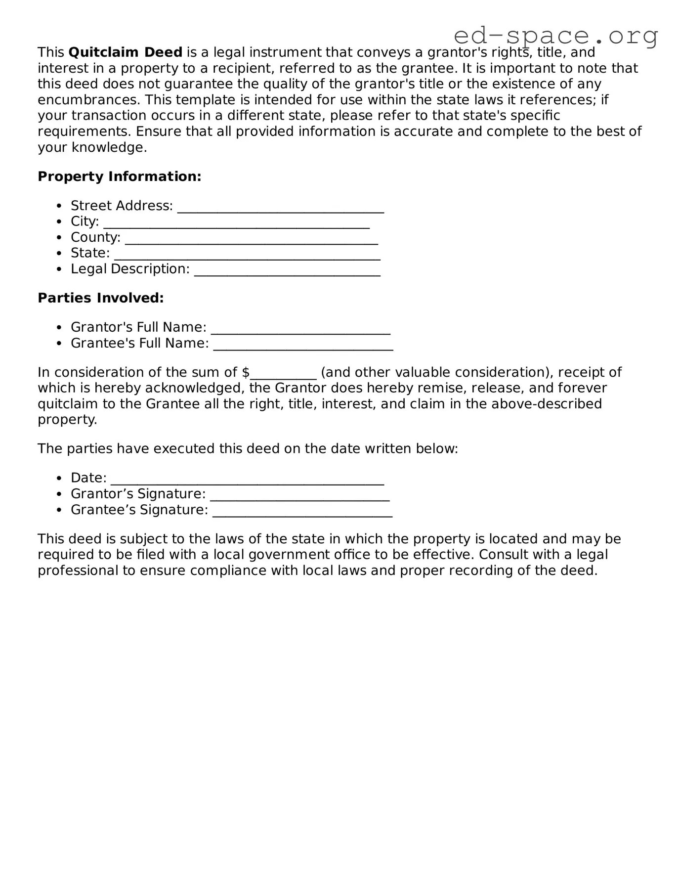 Fillable Quitclaim Deed Template