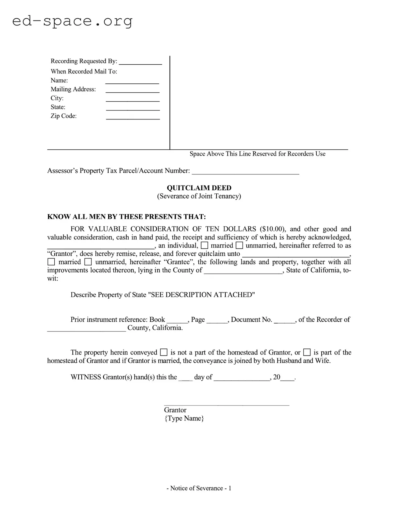 Blank Notice Of Severance Of Joint Tenancy California Divorce PDF Form