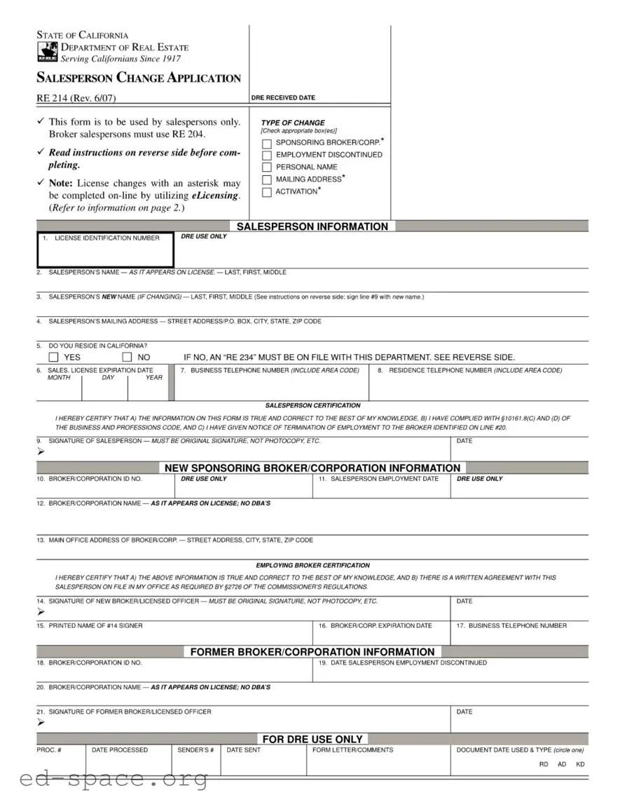 Blank California Re 214 PDF Form