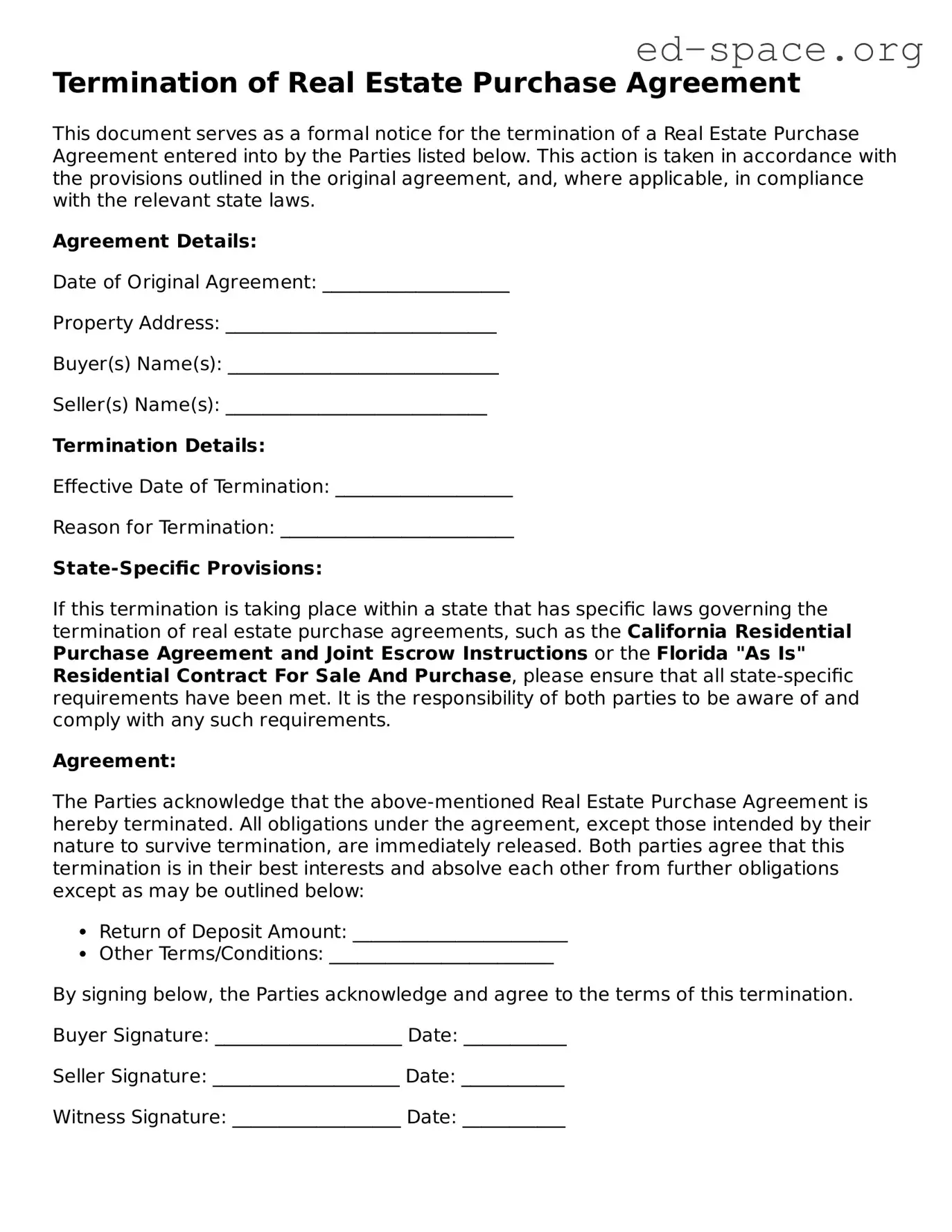 Fillable Termination of Real Estate Purchase Agreement Template