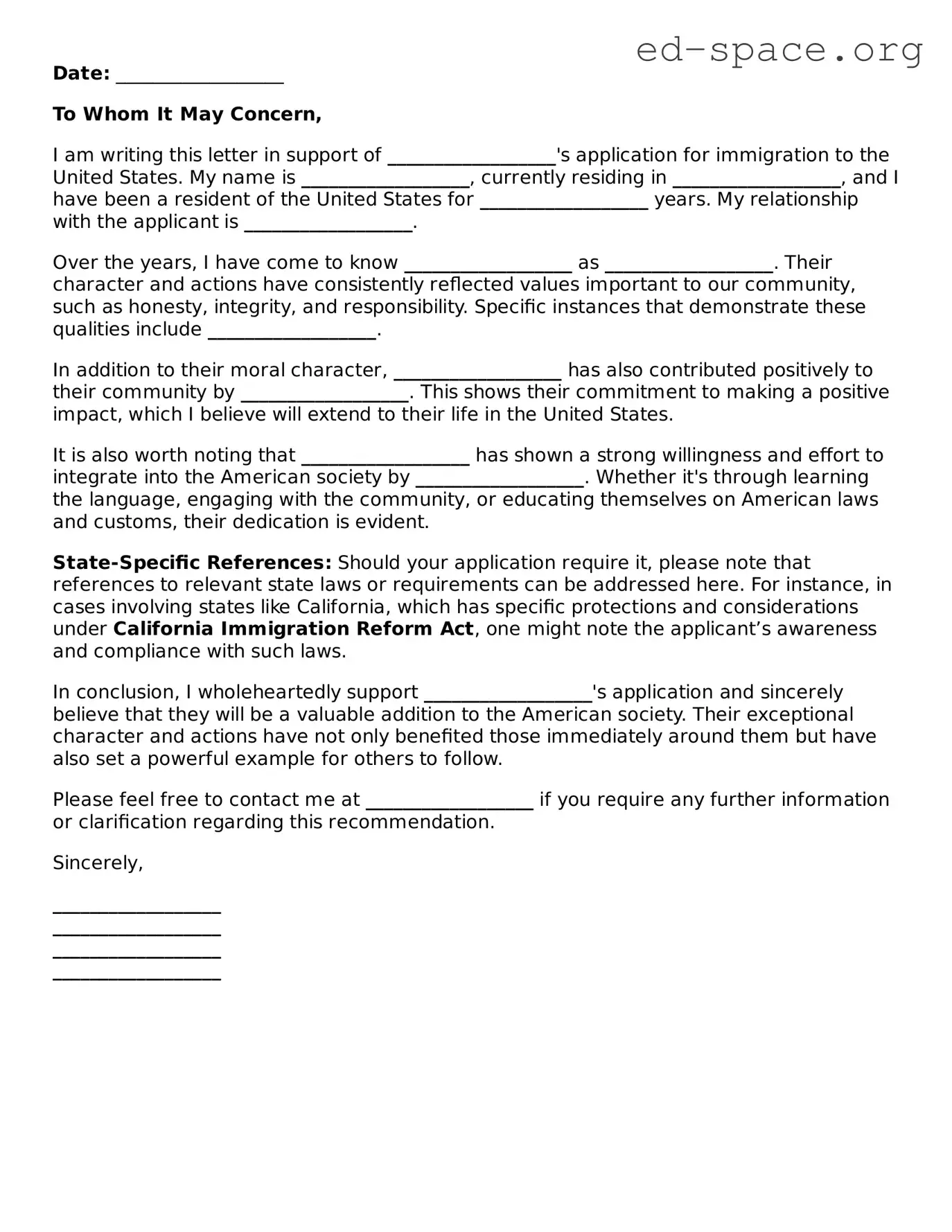 Fillable Character Reference Letter for Immigration Template