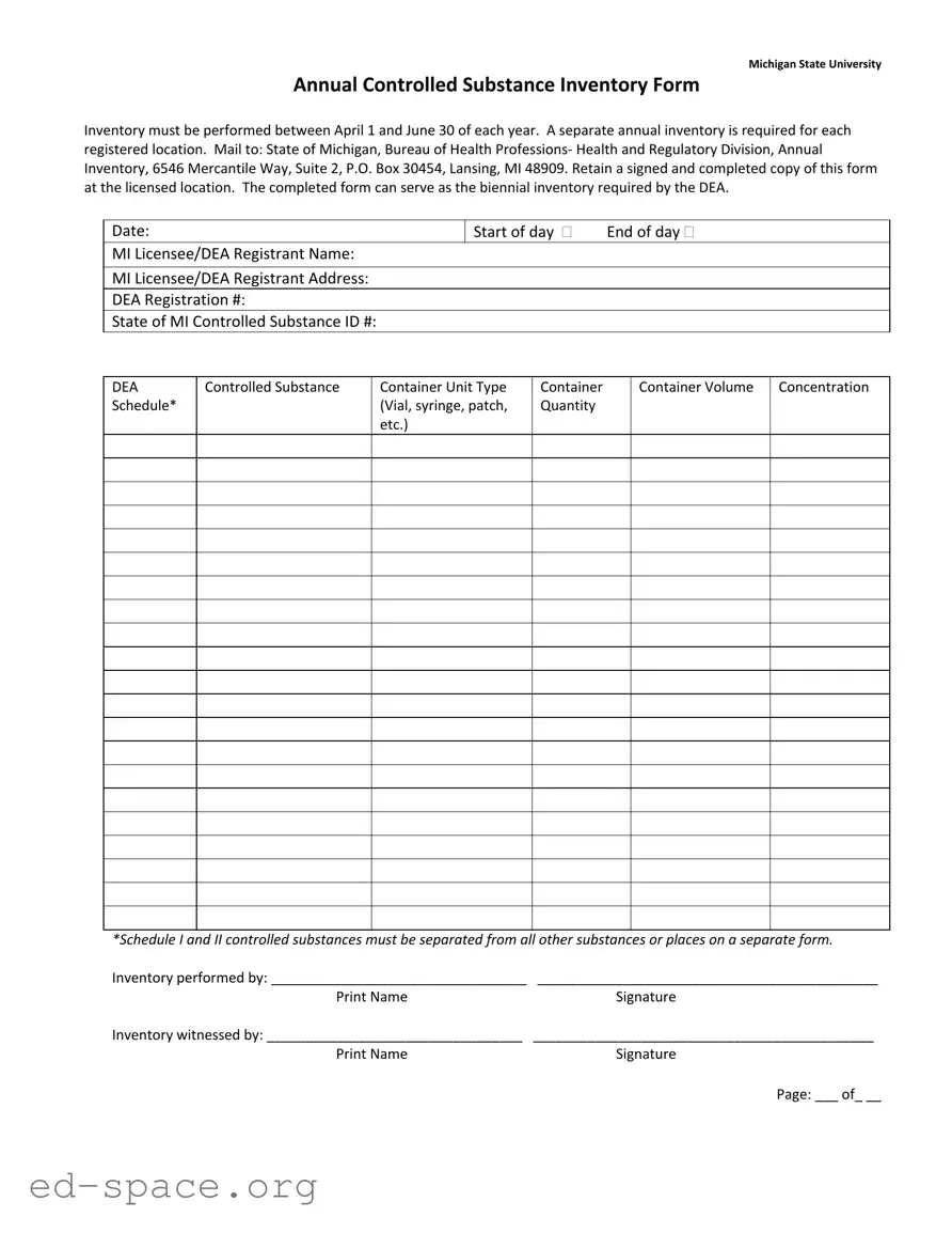 Blank Control Substance Inventory Michigan PDF Form