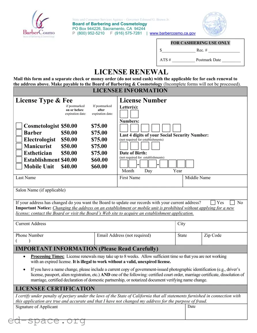 Blank Cosmetology License Renewal California PDF Form