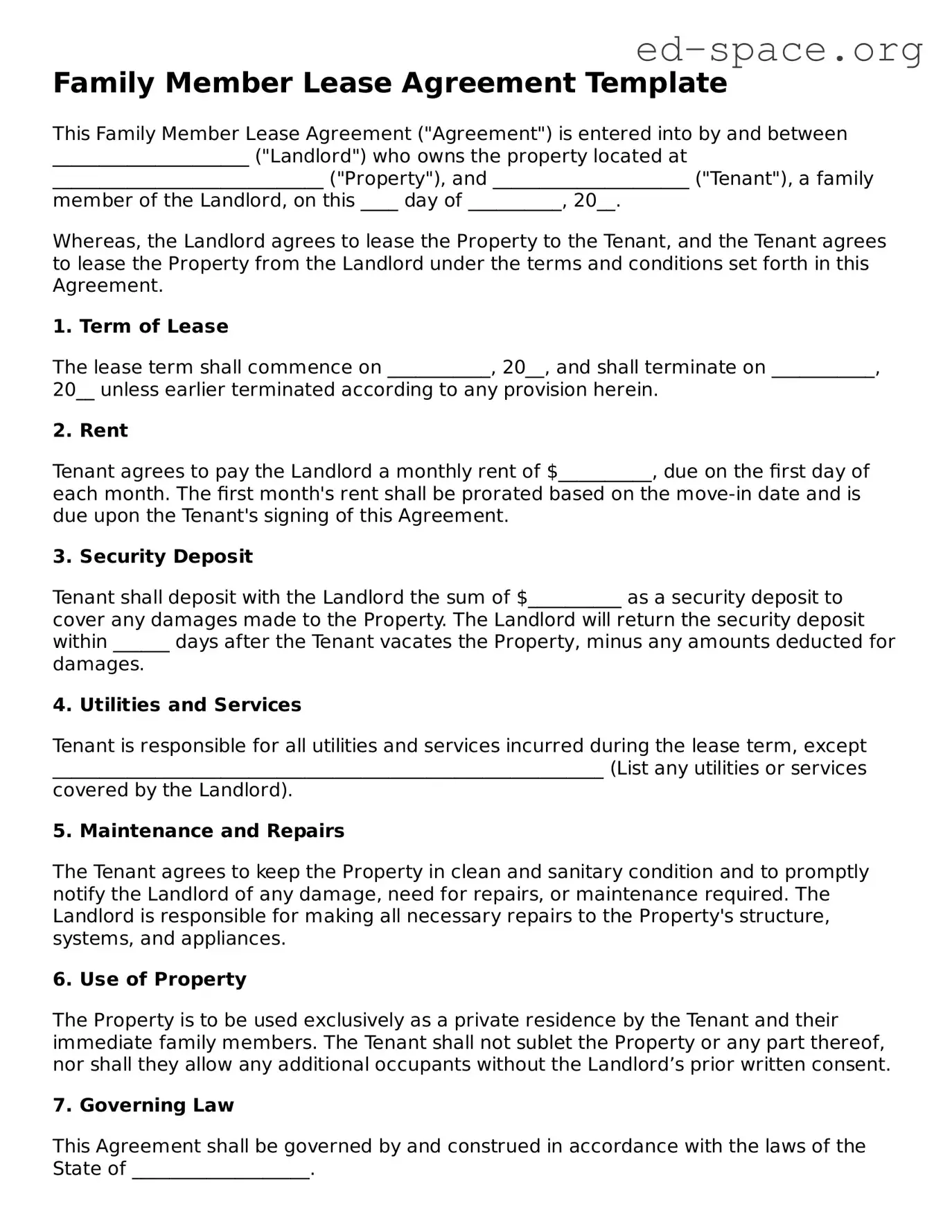 Fillable Family Member Lease Agreement Template