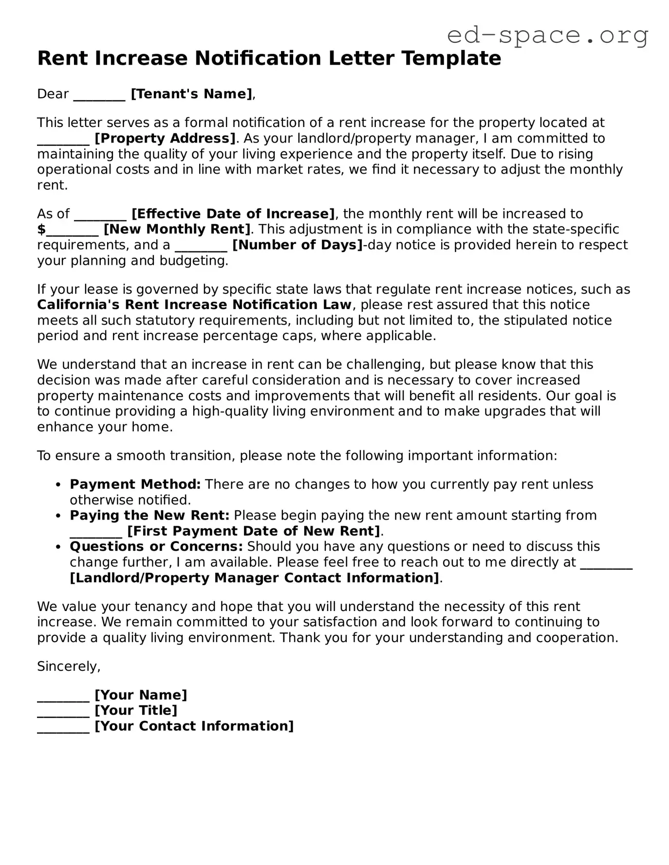 Fillable Rent Increase Letter Template