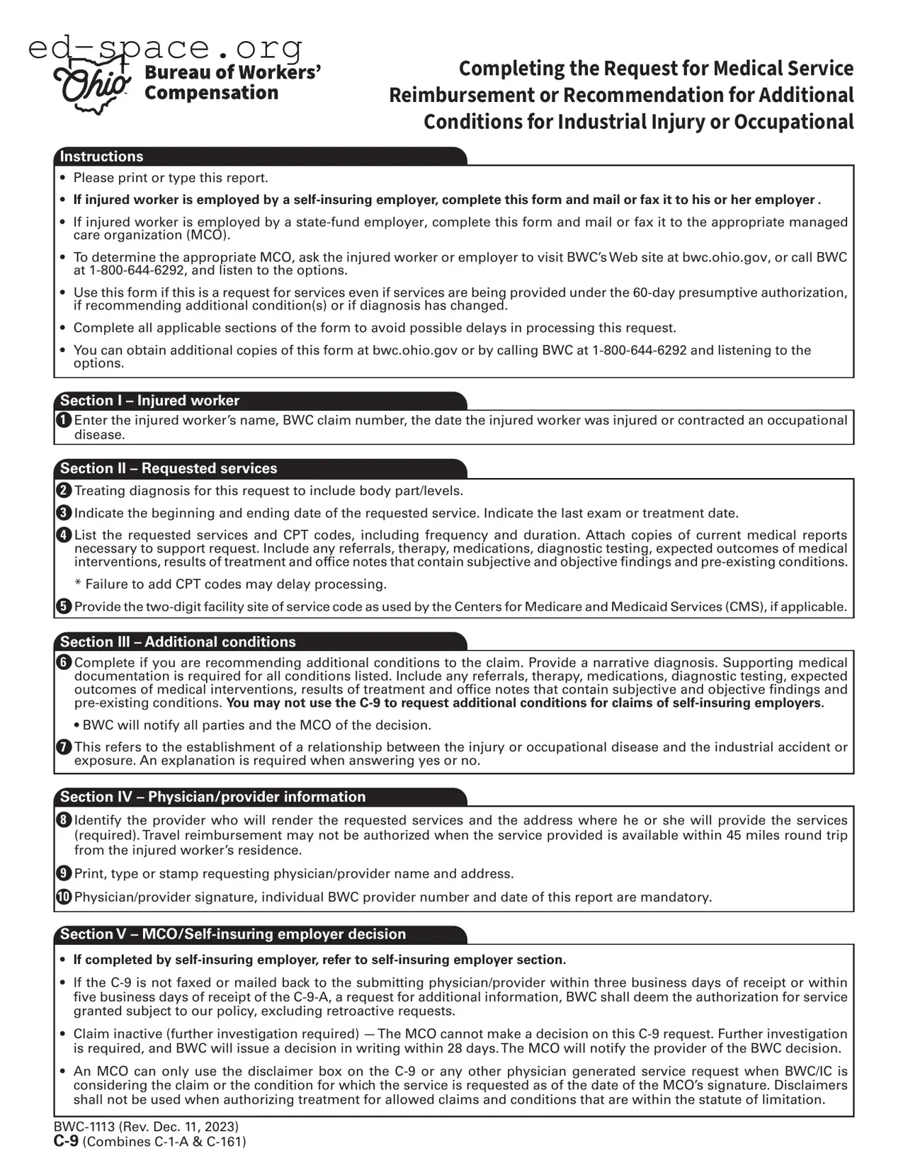 Blank Ohio Bwc Writable C 9 PDF Form