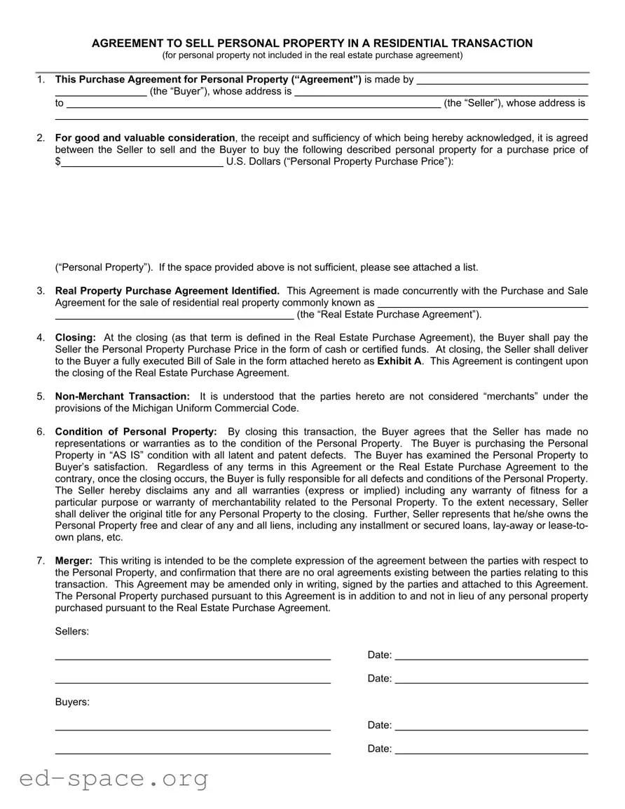 Blank Agreement Personal Property PDF Form