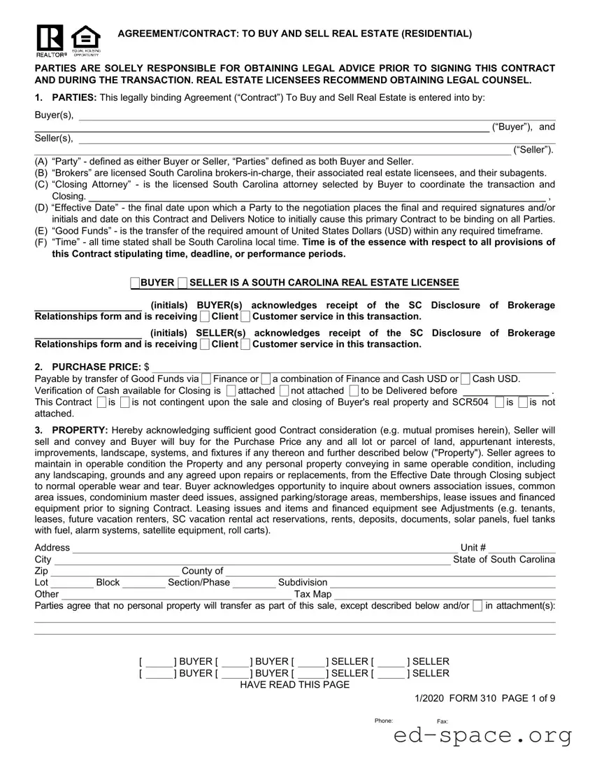 Blank South Carolina Real Estate Contract 310 PDF Form