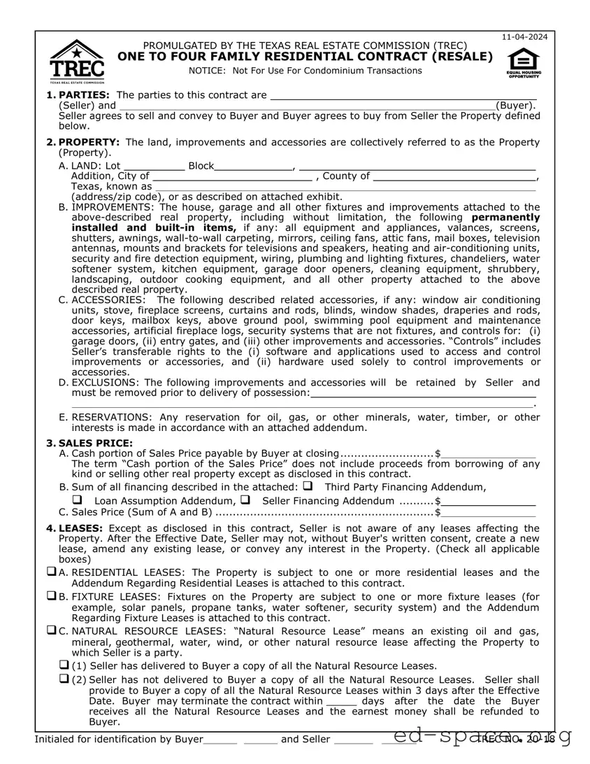 Blank TREC One to four family residential contract PDF Form