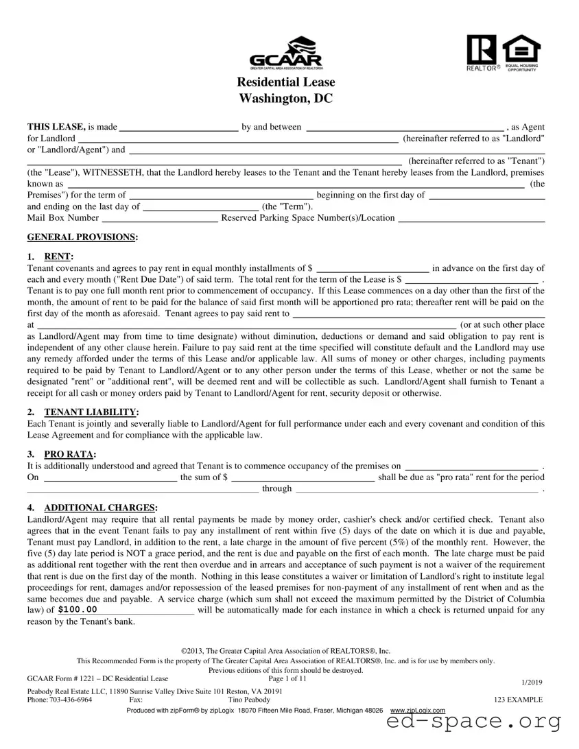 Blank Washington Dc Residential Lease Agreement PDF Form