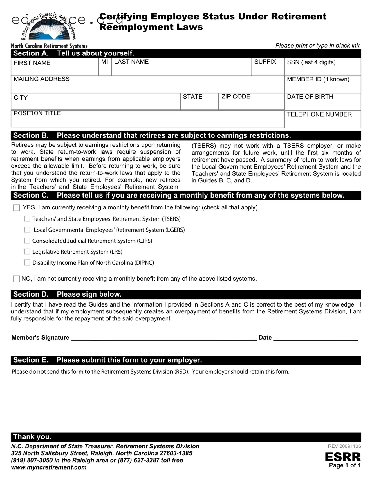 Blank North Carolina Esrr PDF Form