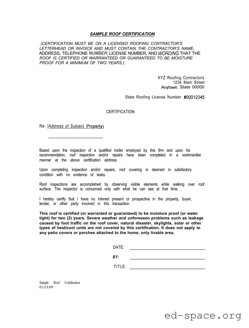 Blank Sample Roof Certification PDF Form