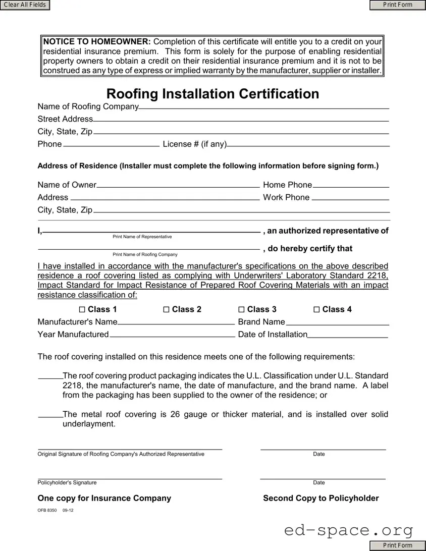 Blank Roofing Installation Certification PDF Form