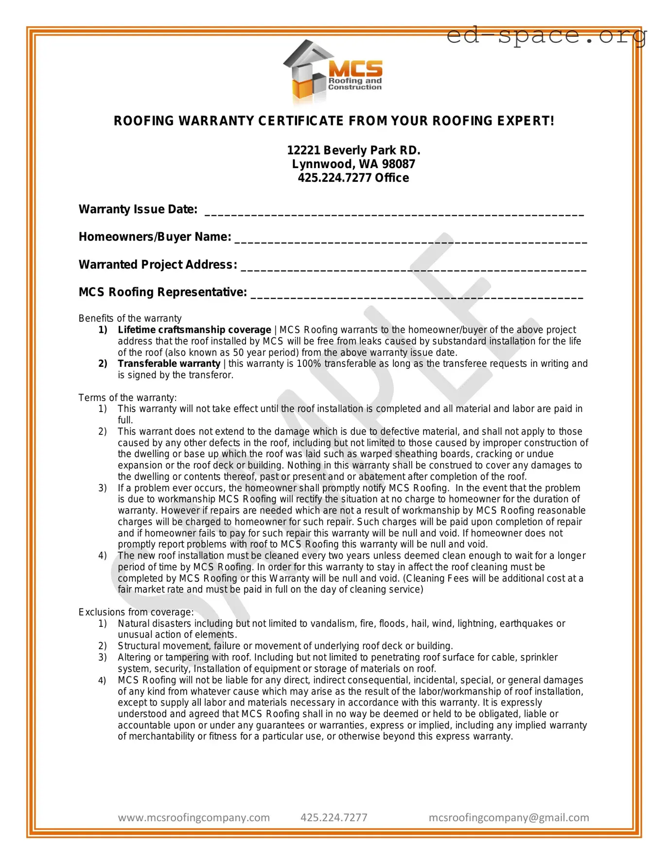 Blank Roofing Warranty Certificate PDF Form
