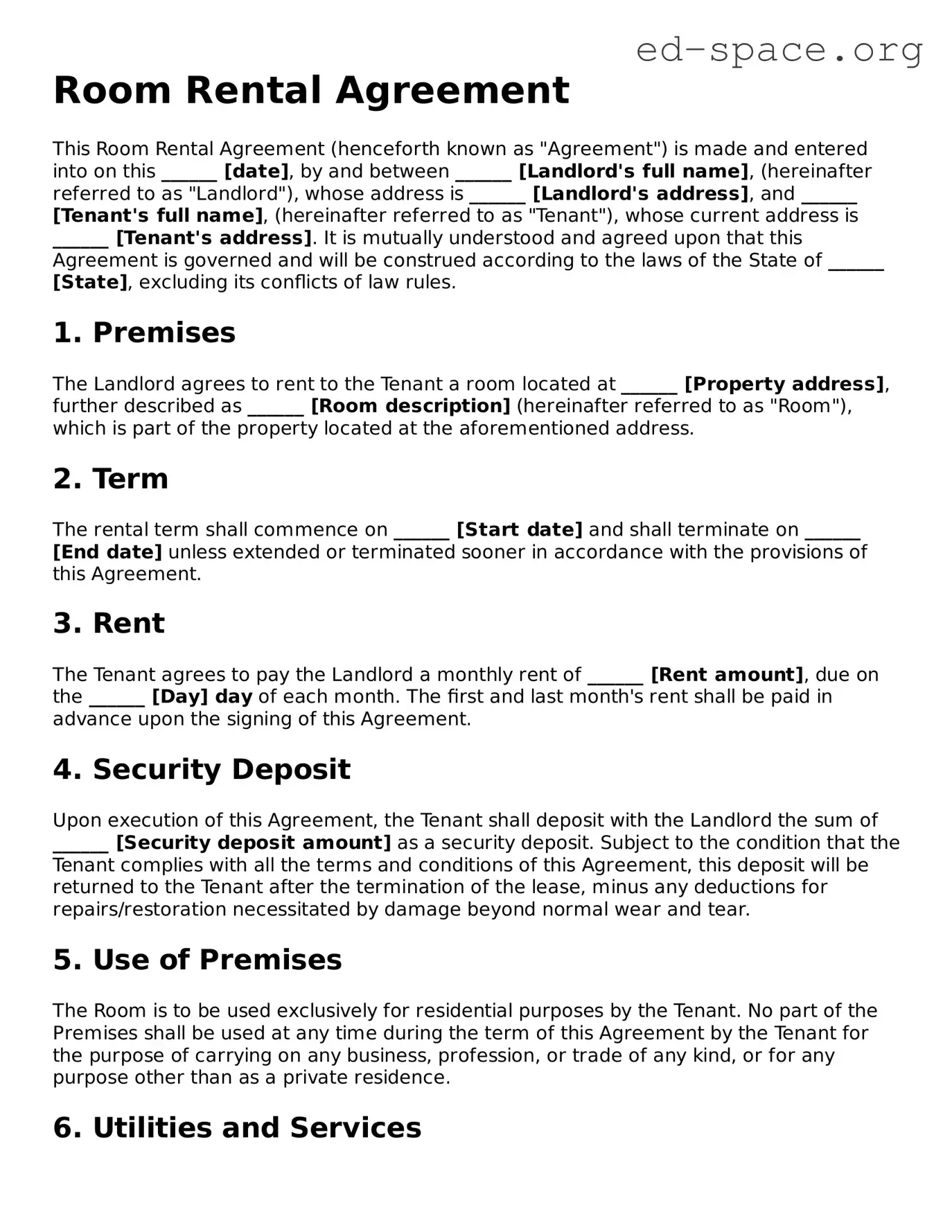 Fillable Room Rental Agreement Template
