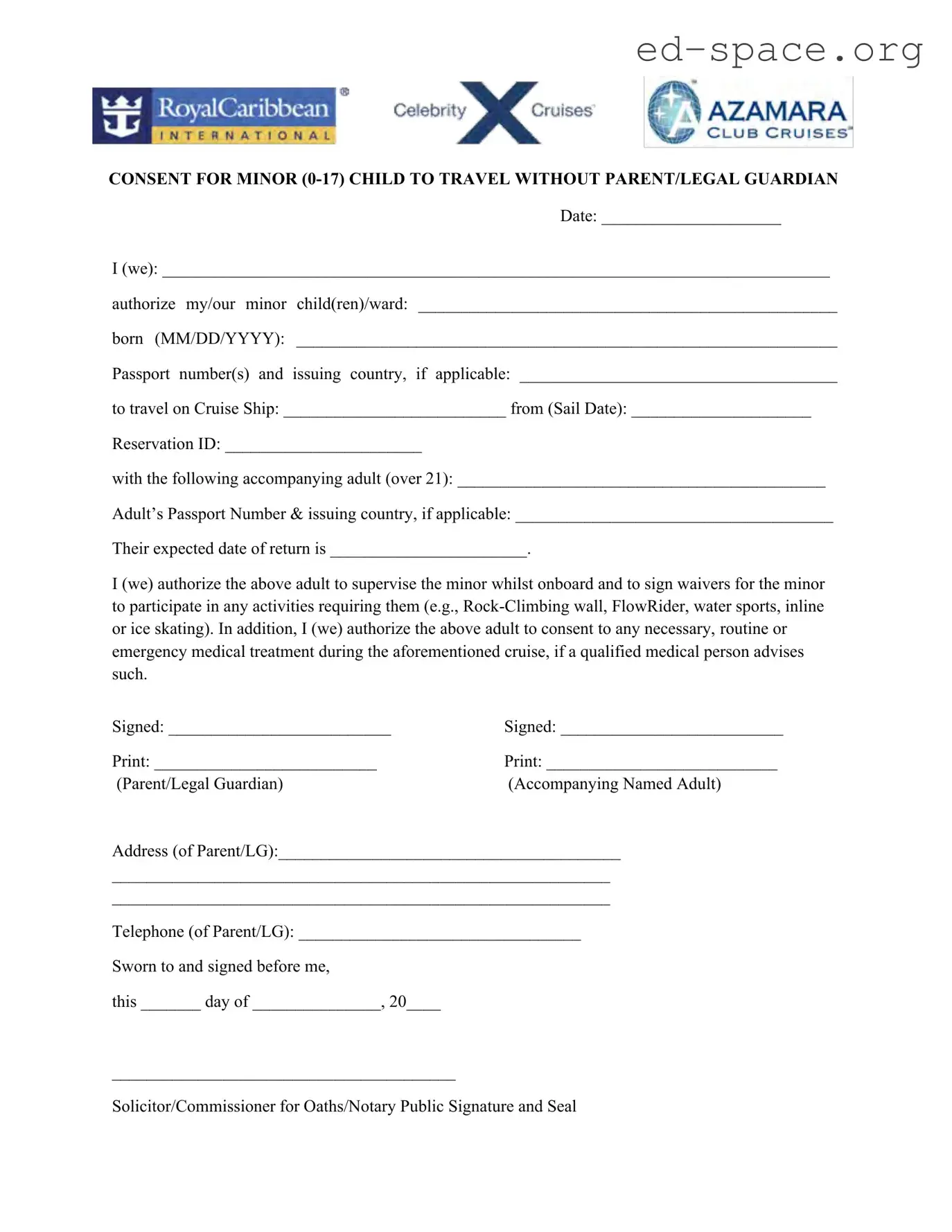 Blank Royal Caribbean Parental Consent PDF Form