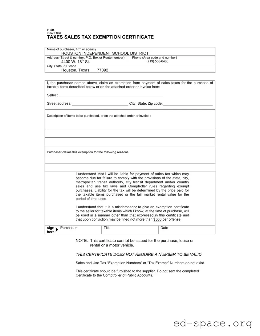 Blank Texas Sales Tax Exemption Certificate PDF Form