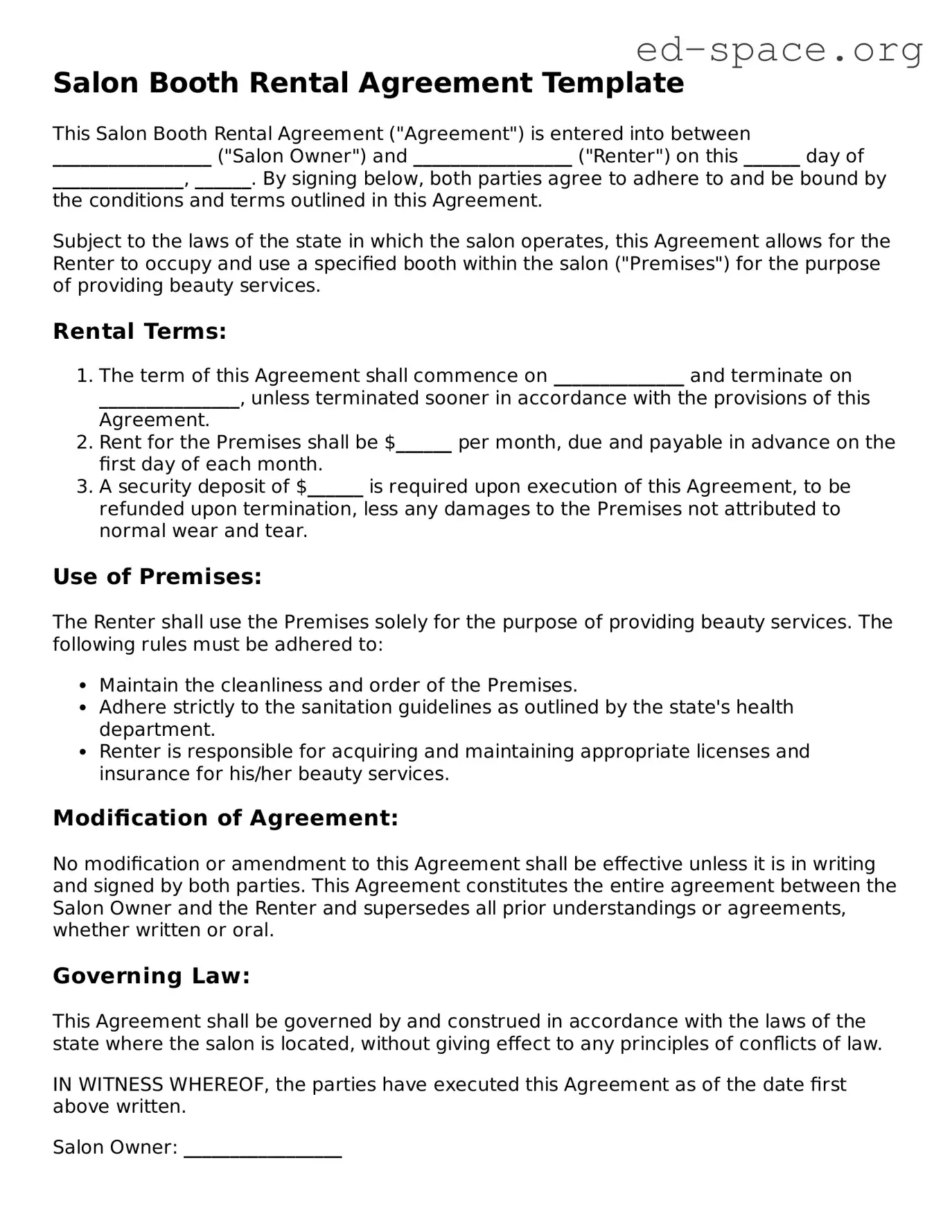 Fillable Salon Booth Rental Agreement Template