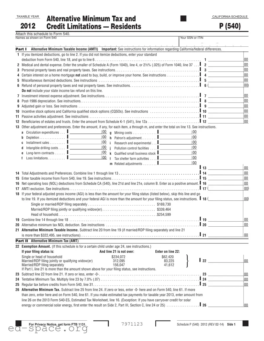 Blank California 540 Schedule P PDF Form