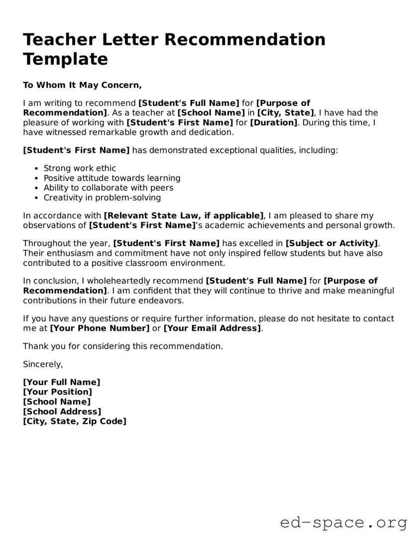 Fillable Teacher Letter Recommendation Template