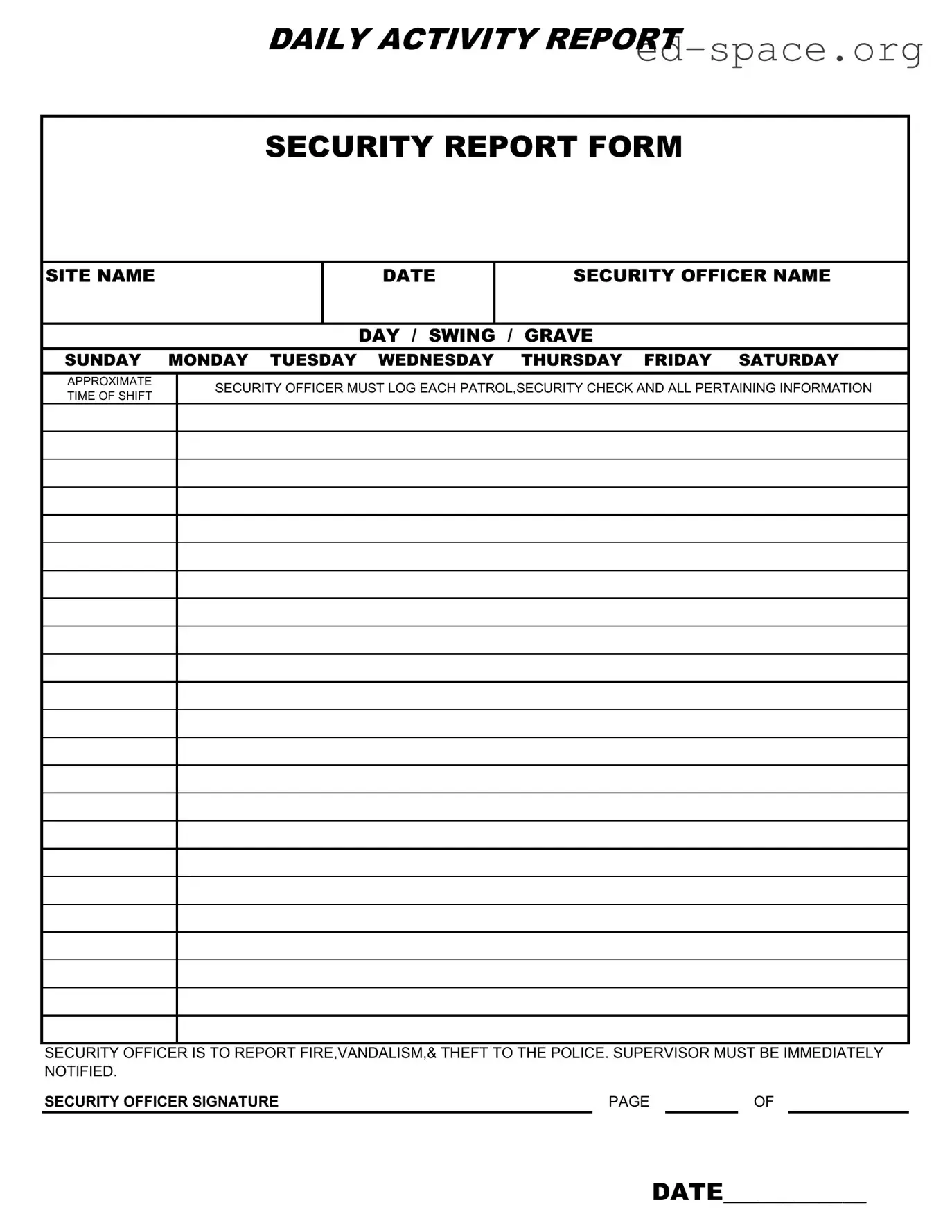Blank Security Guard Daily Report Sample PDF Form