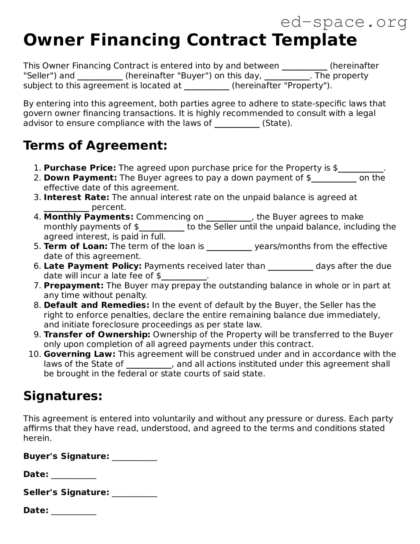 Fillable Owner Financing Contract Template