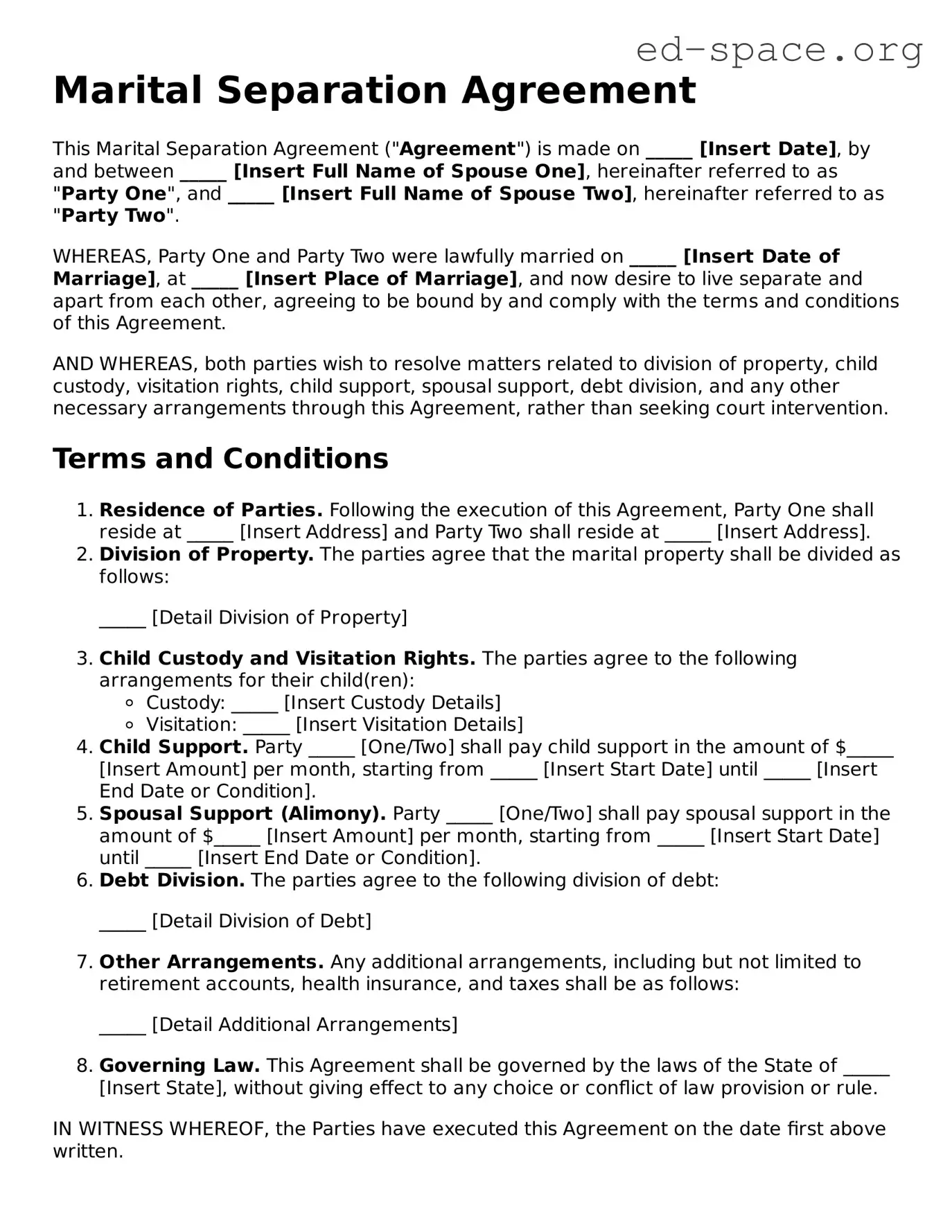 Fillable Marital Separation Agreement Template