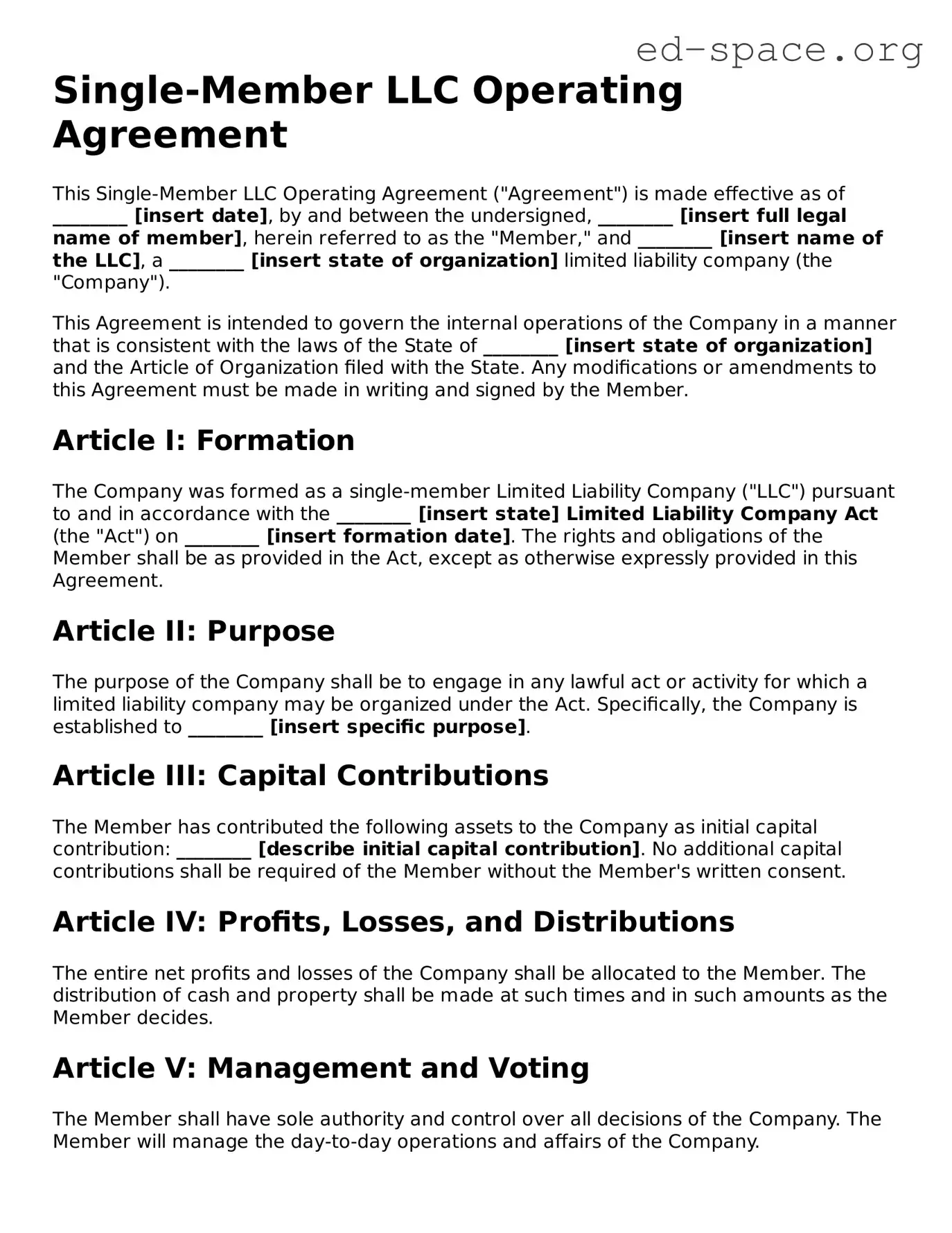 Fillable Single-Member Operating Agreement Template
