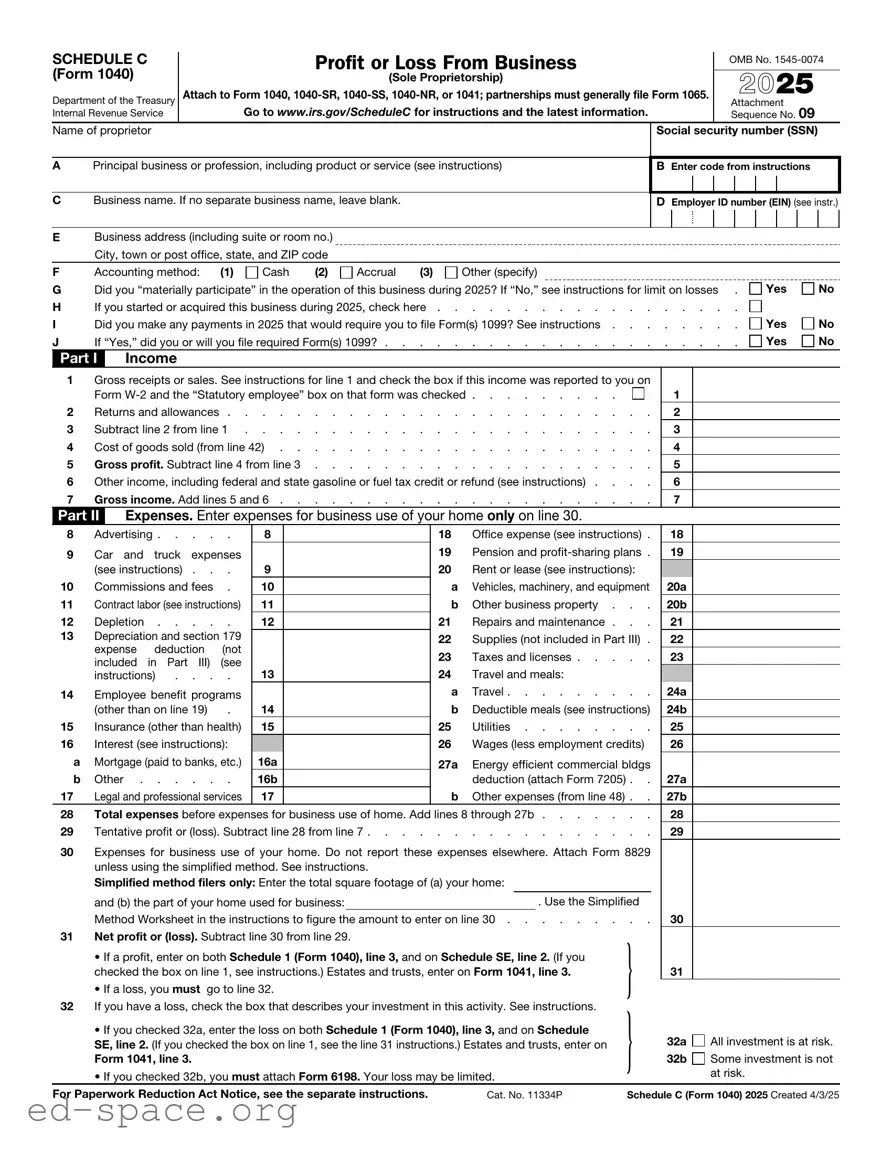 Blank IRS Schedule C 1040 PDF Form