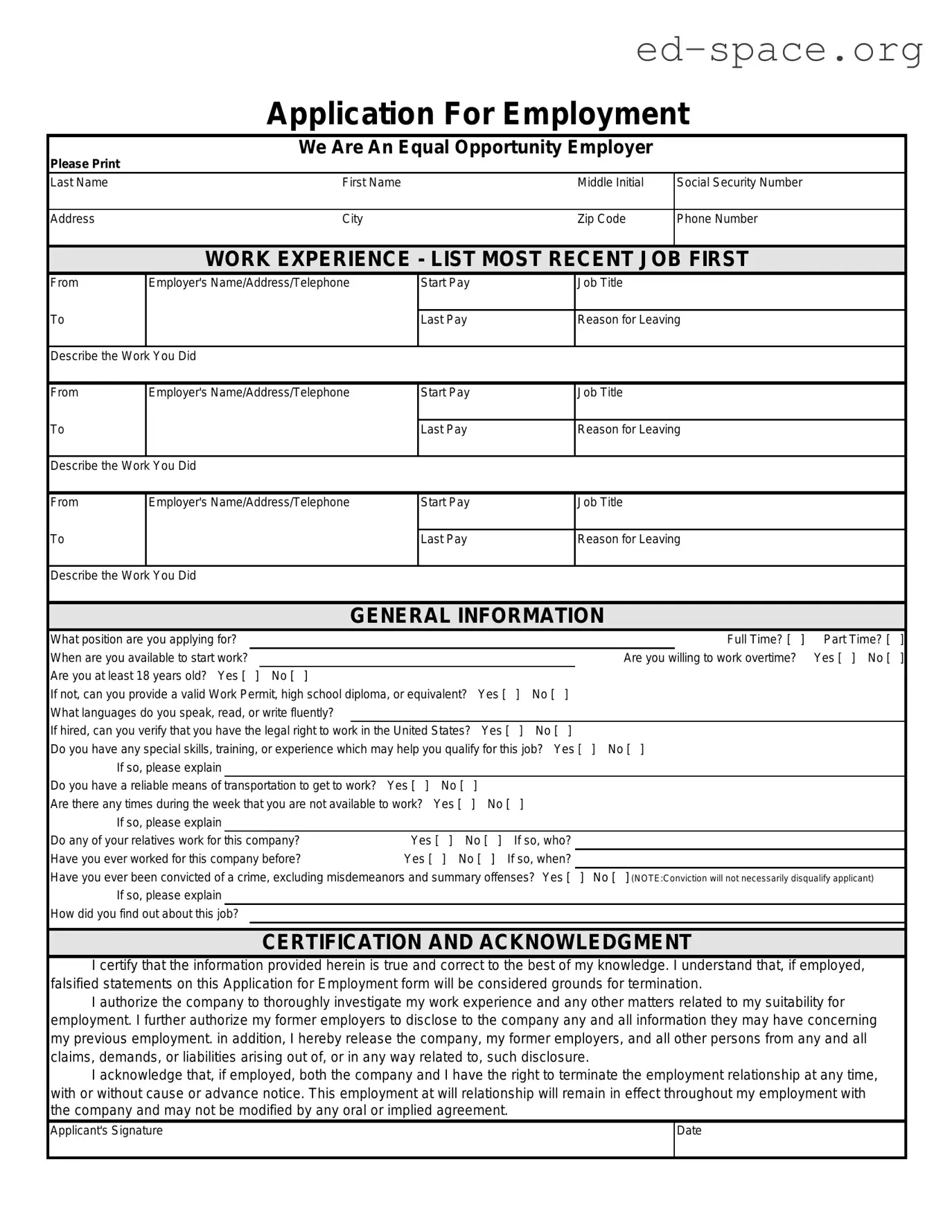 Blank Spanish Application Employment PDF Form