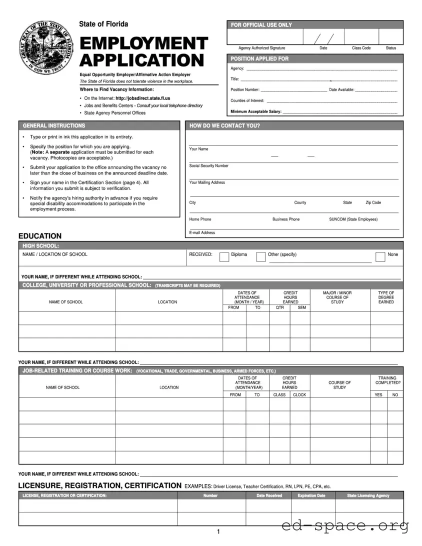 Blank State Florida Employment Application PDF Form