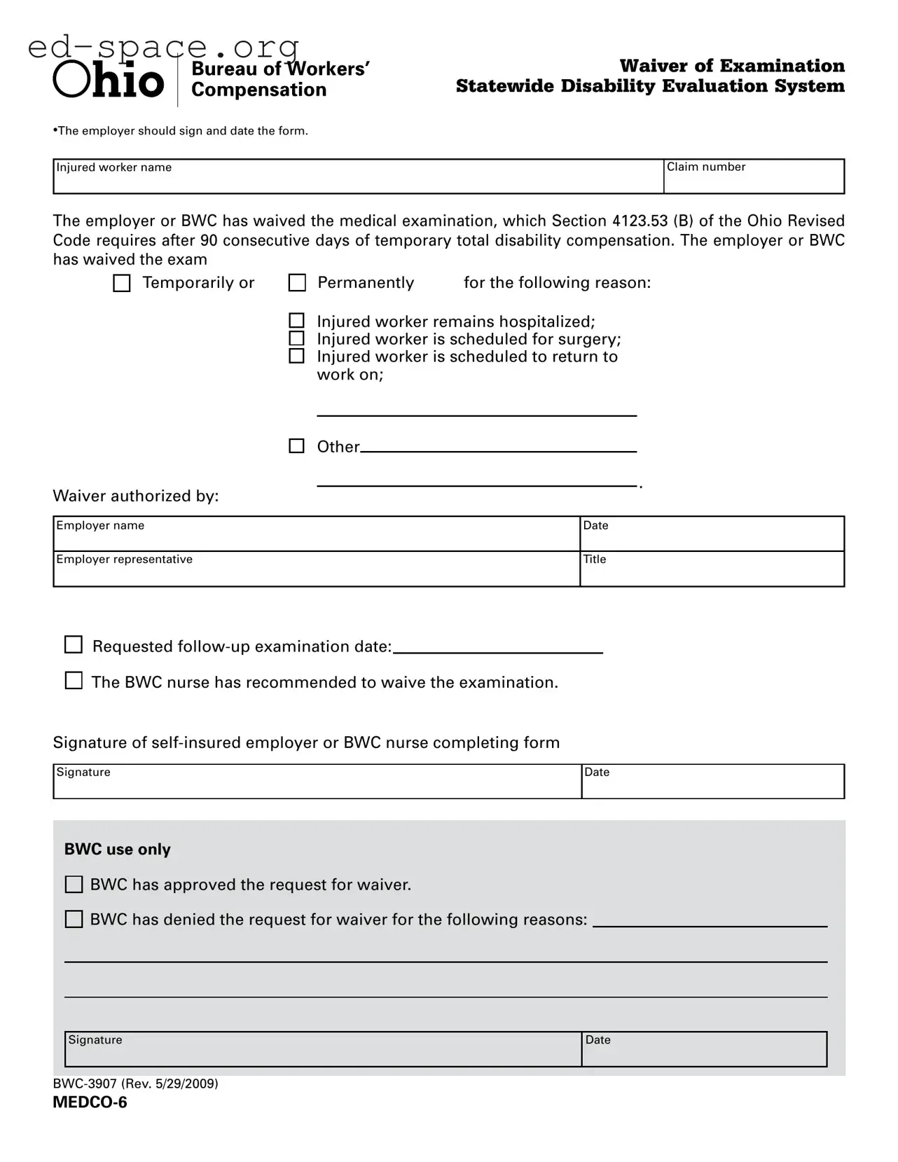 Blank Ohio Bwc 3907 PDF Form