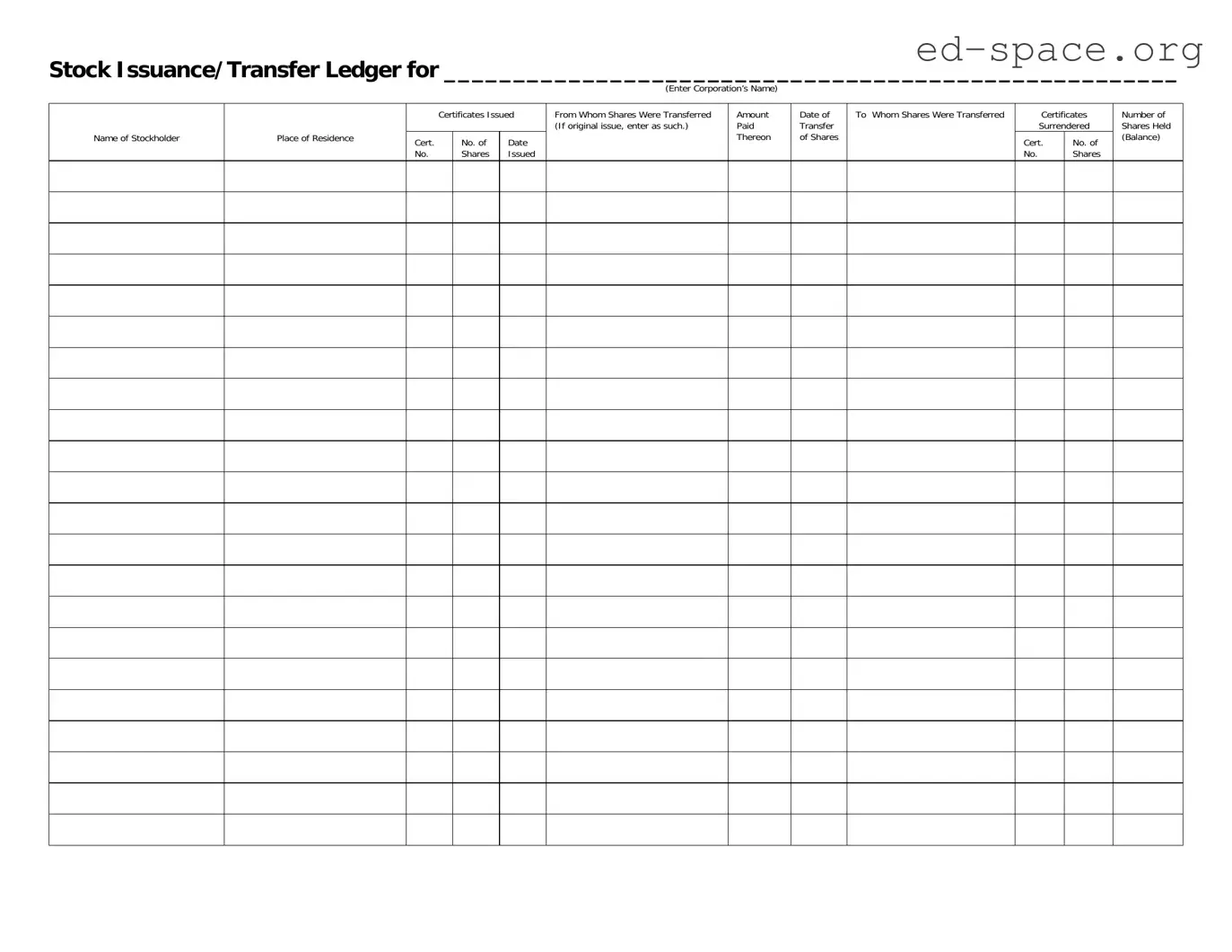 Blank Stock Transfer Ledger PDF Form