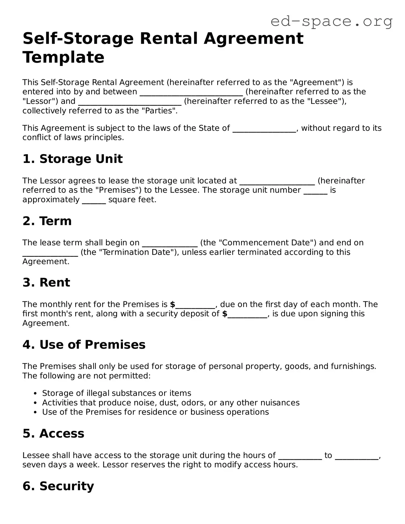 Fillable Self-Storage Rental Agreement Template