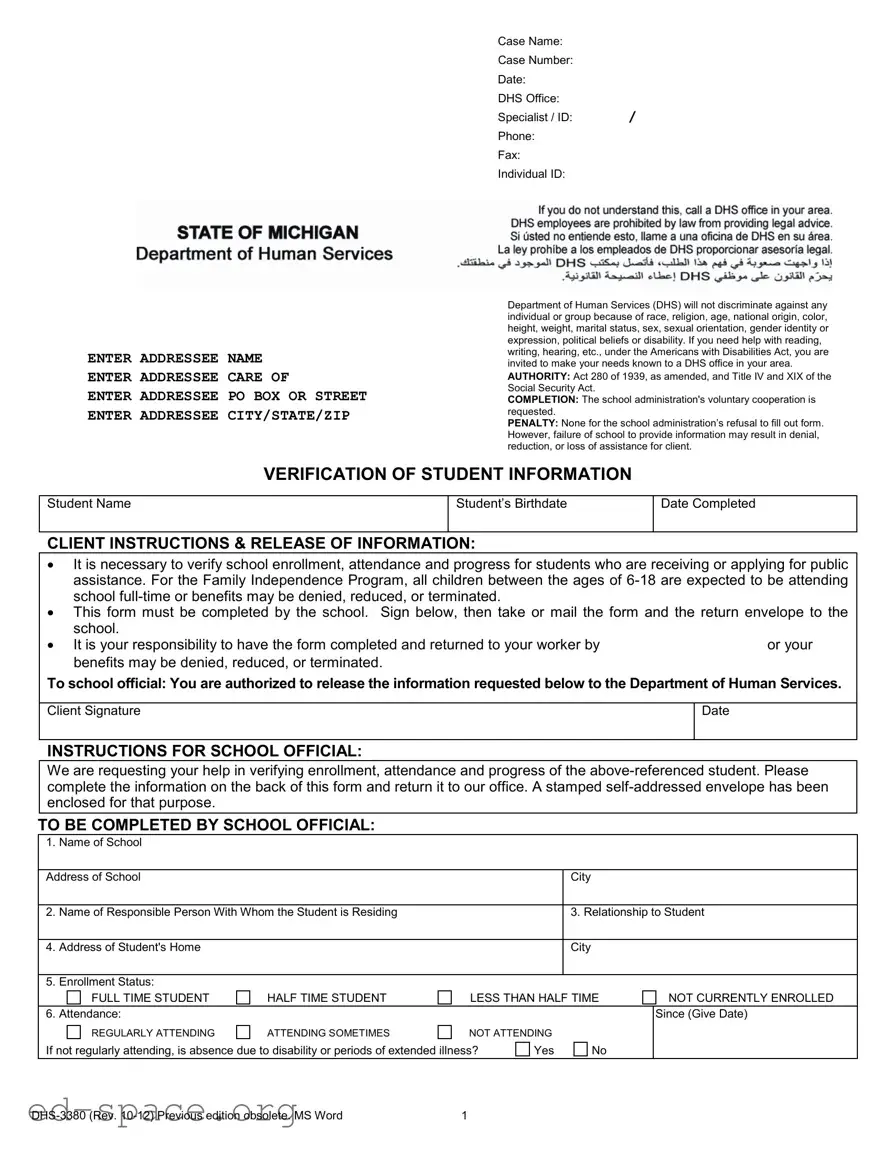 Blank Michigan Verification Student PDF Form