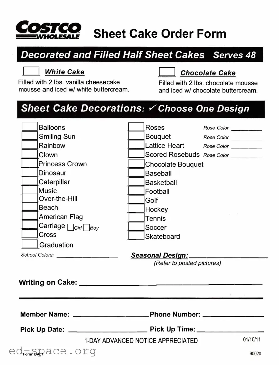 Blank Costco cake order form PDF Form