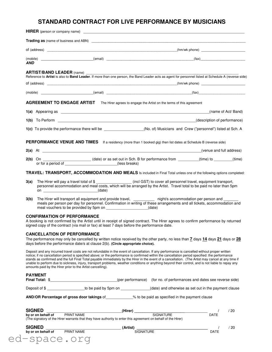 Blank Live Performance Contract PDF Form