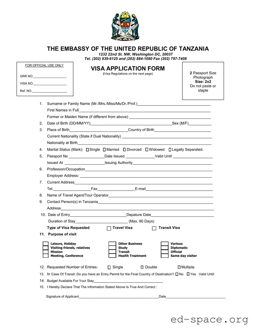 Blank Tanzania Visa Applicaiton PDF Form